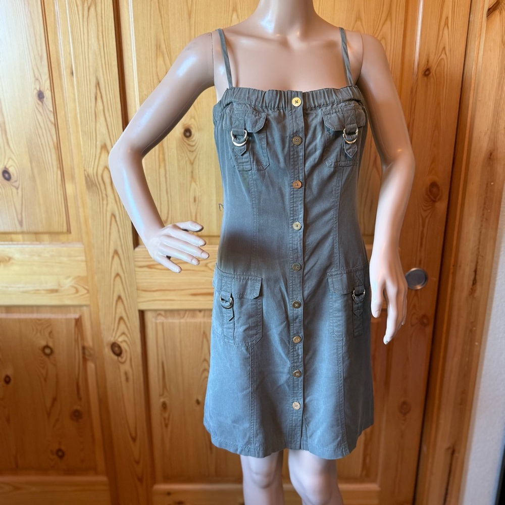 Vintage Y2K Cache Utility Cargo Dress Size 4 Green Tencel Empire Waist Straps